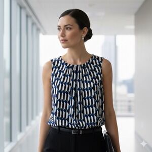 Calvin Klein Womens Petite Large Geometric Print Sleeveless Top Blue Black NEW